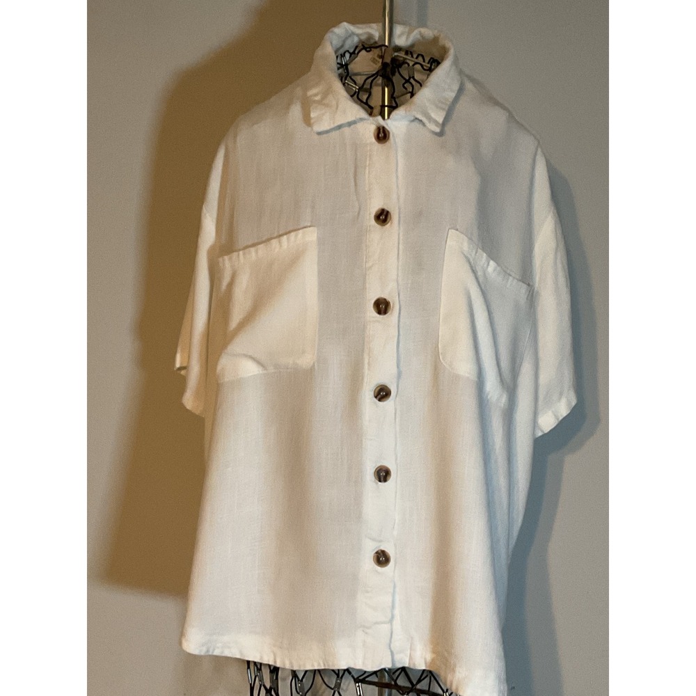 She +‎ Sky White Linen Blend Short Sleeve Button Down Shirt SS6343 Size Medium